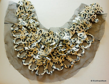 White, Blue And Black Leopard Print Satin Fabric Neck Collar Trim